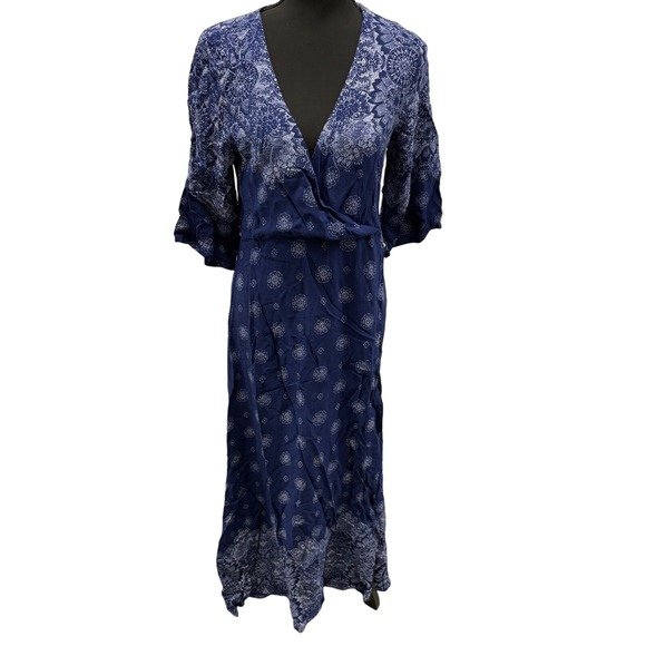 Casual Sun Dress V-Neck Wrap Flare Midi Beach Boho Maxi Dress Blue Floral Print - Picture 1 of 6